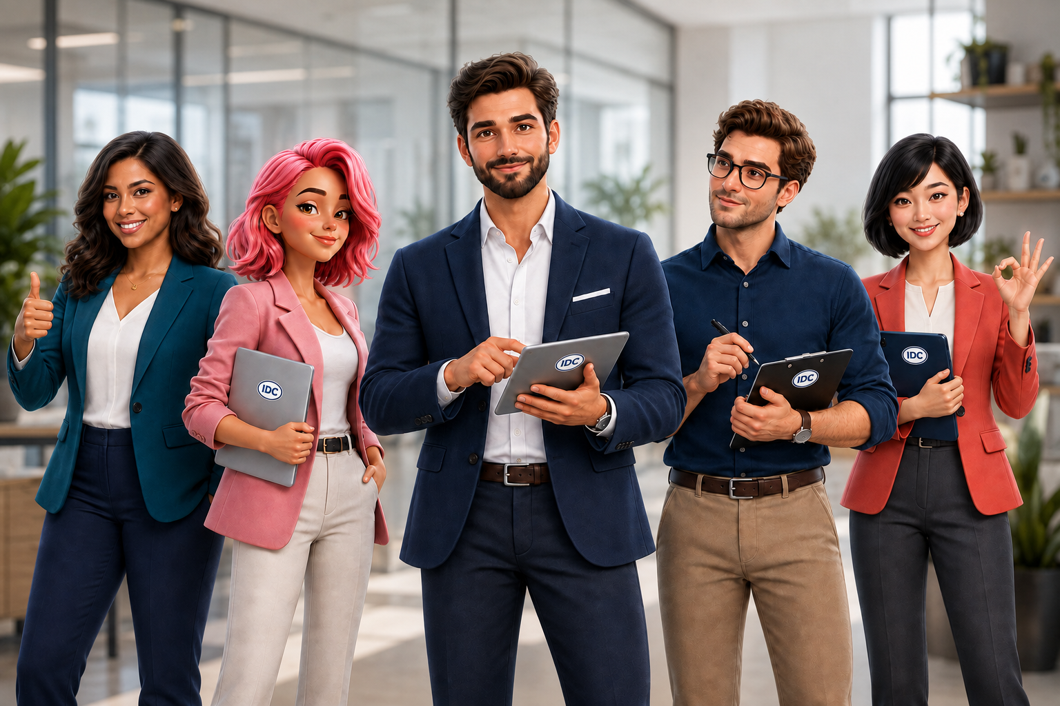 ID Clearance team in a modern office holding IDC-branded devices