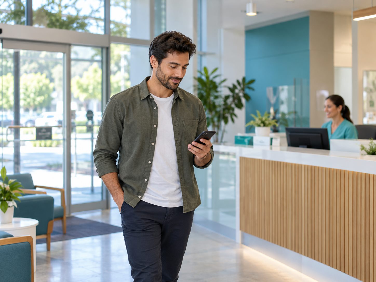 Candidate checking a phone while arriving at a clinic reception