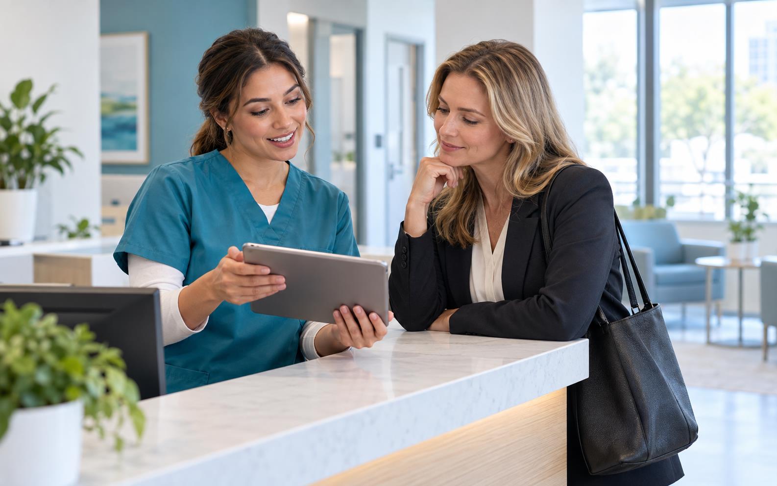 Clinic coordinator reviewing visit details with a visitor