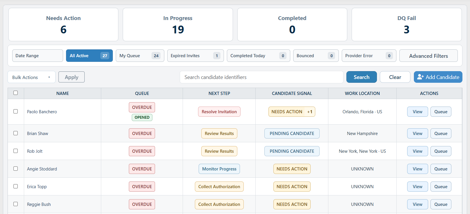 ID Clearance employer dashboard showing screening status and actions