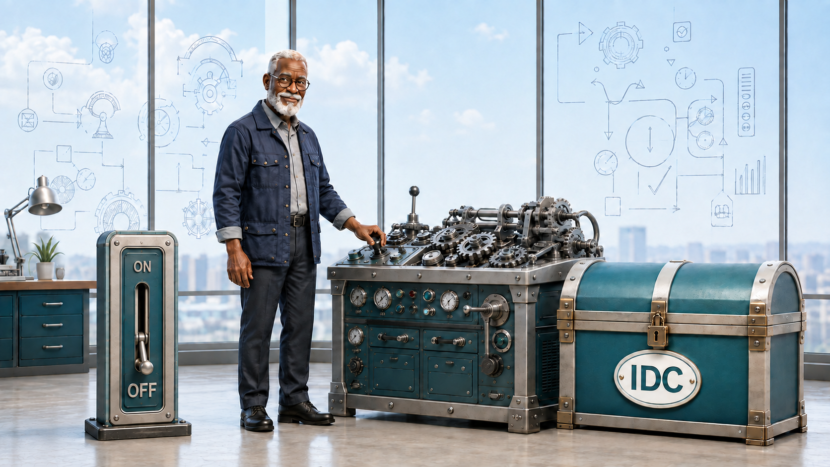 An older, white-bearded engineer standing upright with both feet visible beside a waist-height machine, closed IDC chest and vertical lever in the OFF position